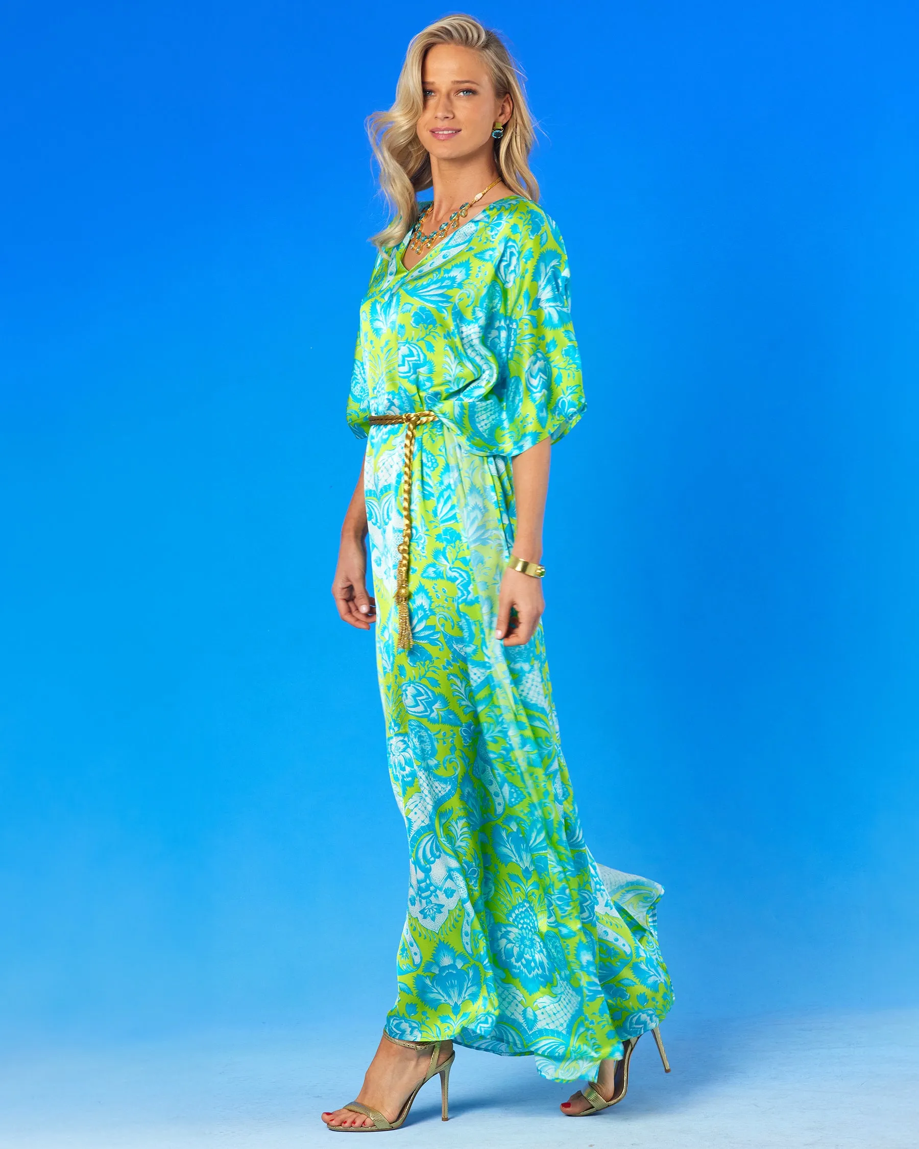 Shalimar Silk Kaftan in Turquoise and Lime