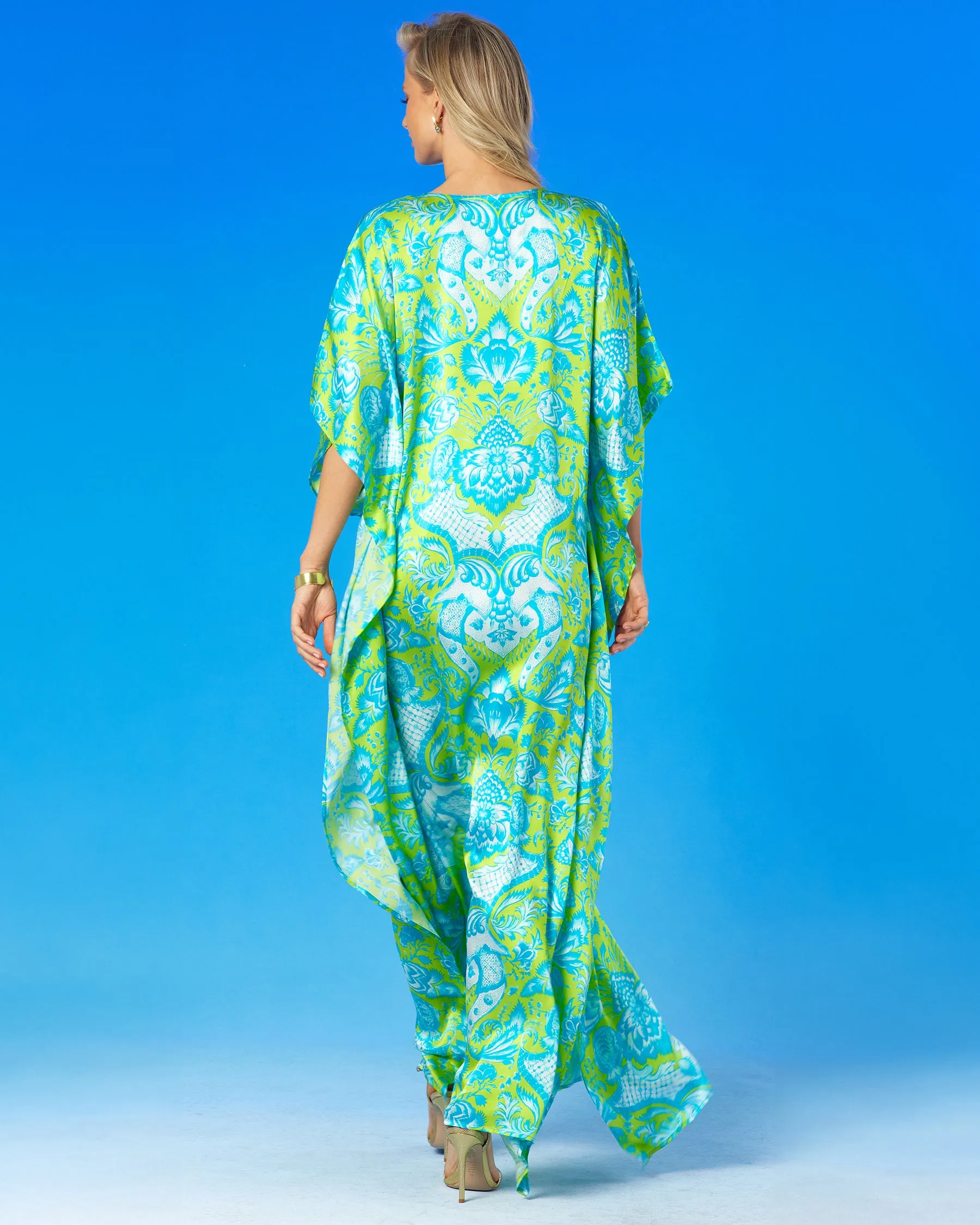 Shalimar Silk Kaftan in Turquoise and Lime