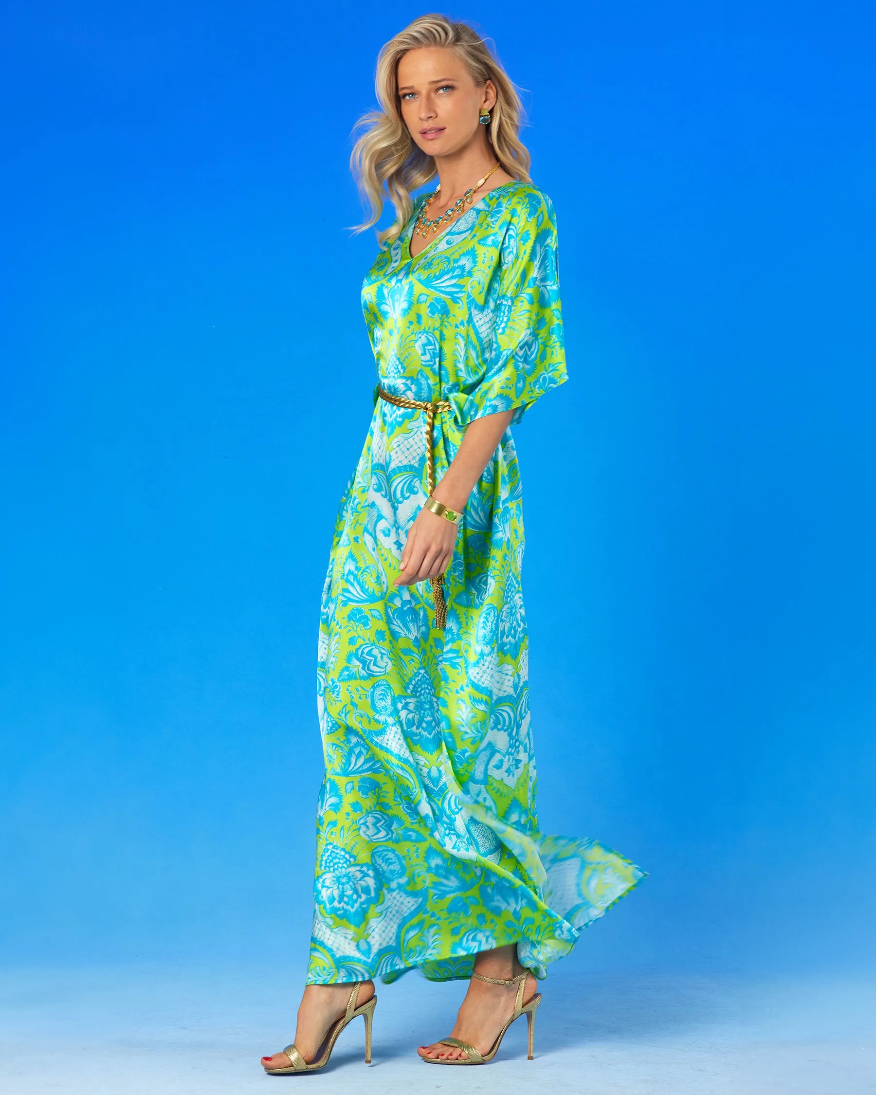 Shalimar Silk Kaftan in Turquoise and Lime