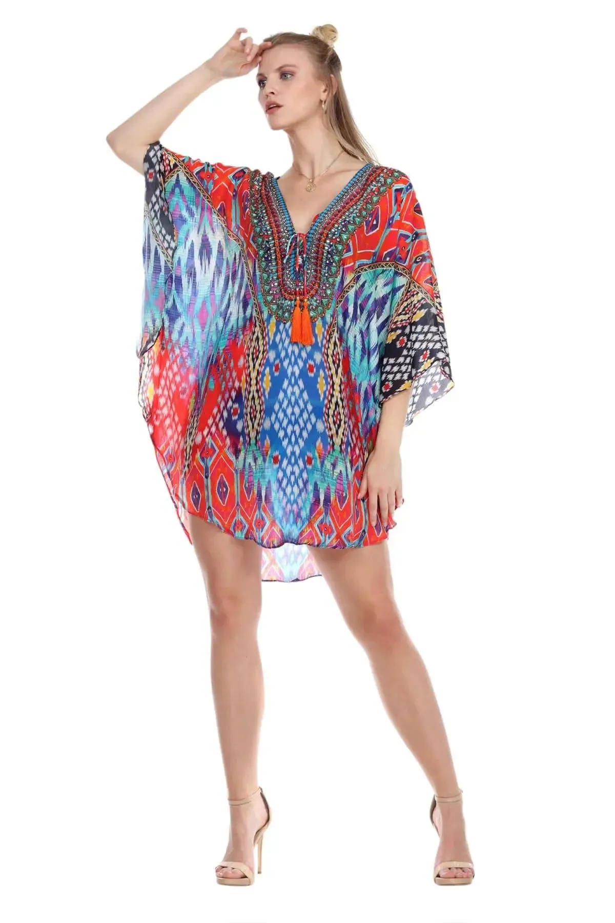 Short Balloon Kaftan Silk Beachwear