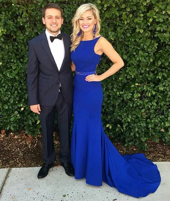 Simple Round Neck Train Blue Prom Dresses, Blue Formal Dresses