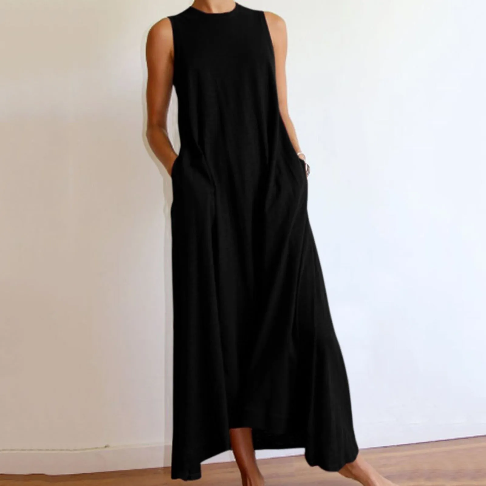 Simple Solid Sleeveless Round-neck Long Dress