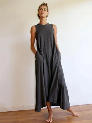 Simple Solid Sleeveless Round-neck Long Dress