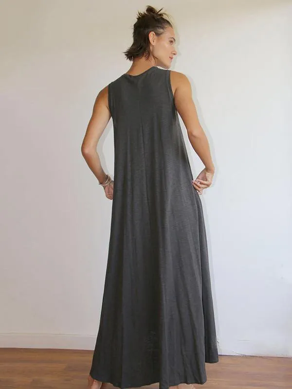 Simple Solid Sleeveless Round-neck Long Dress