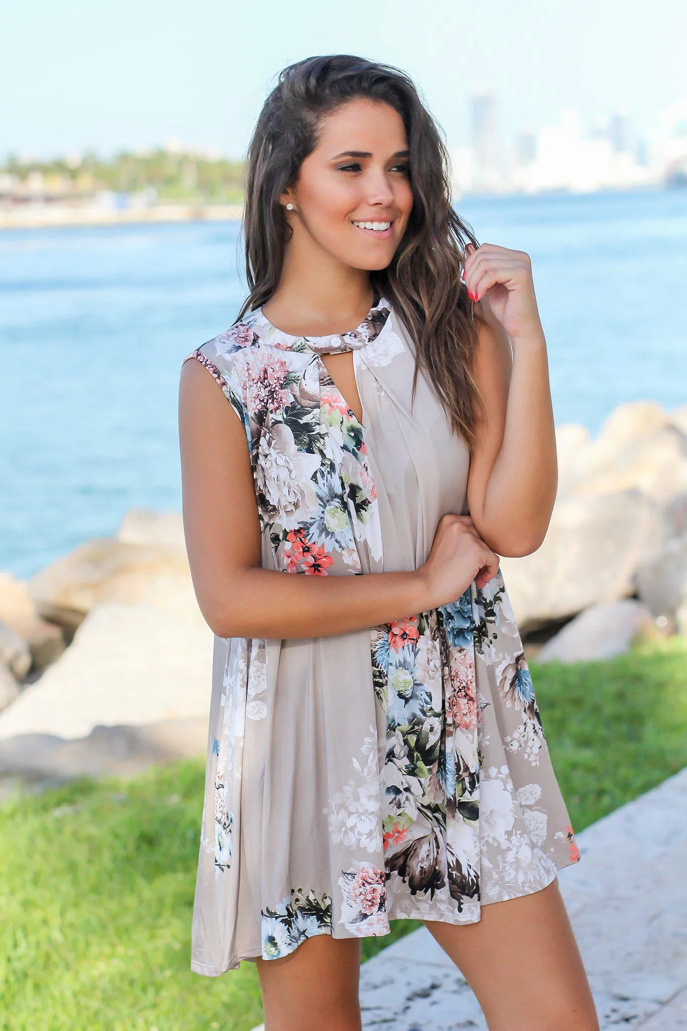 Stone Floral Swing Dress with Keyhole