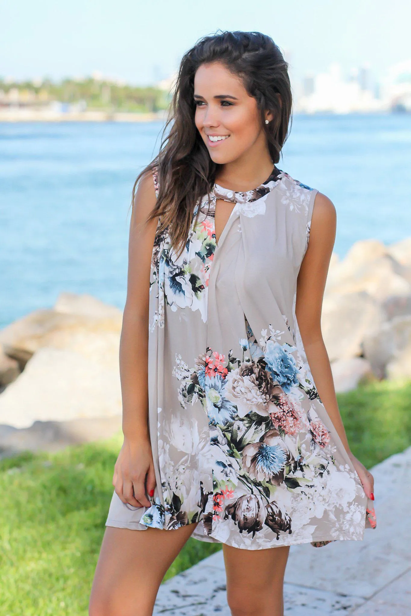 Stone Floral Swing Dress with Keyhole