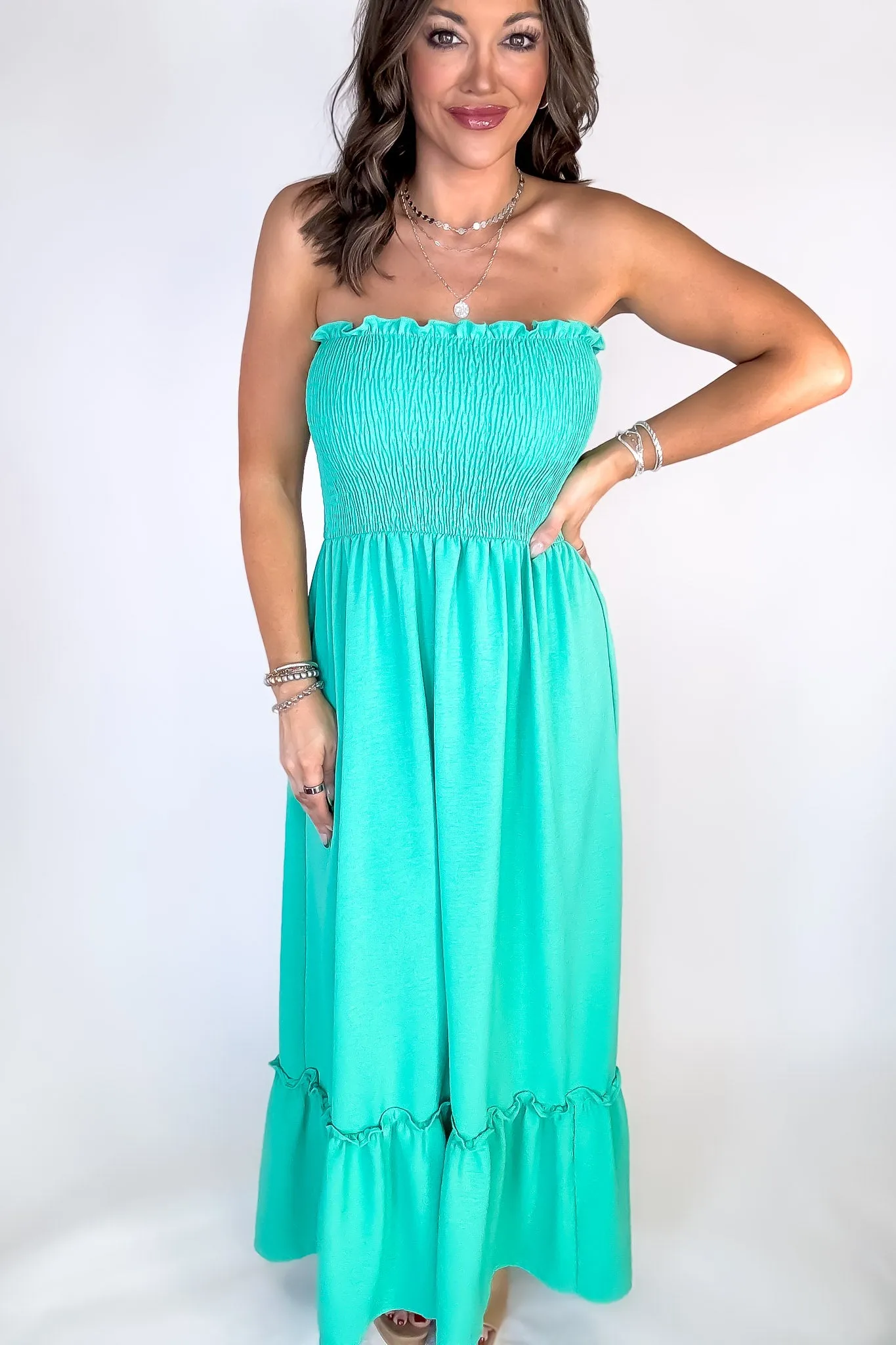 Sunsational Jade Strapless Boho Smocked Top Maxi Dress