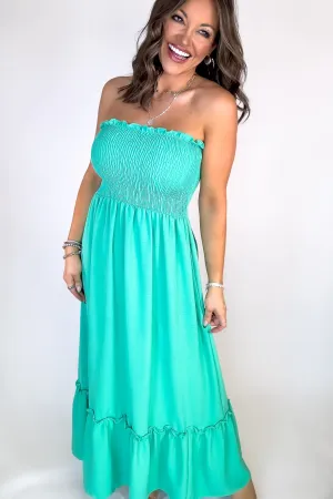 Sunsational Jade Strapless Boho Smocked Top Maxi Dress