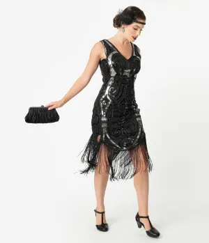 Unique Vintage 1920s Black & Silver Beaded Josseline Fringe Cocktail Dress