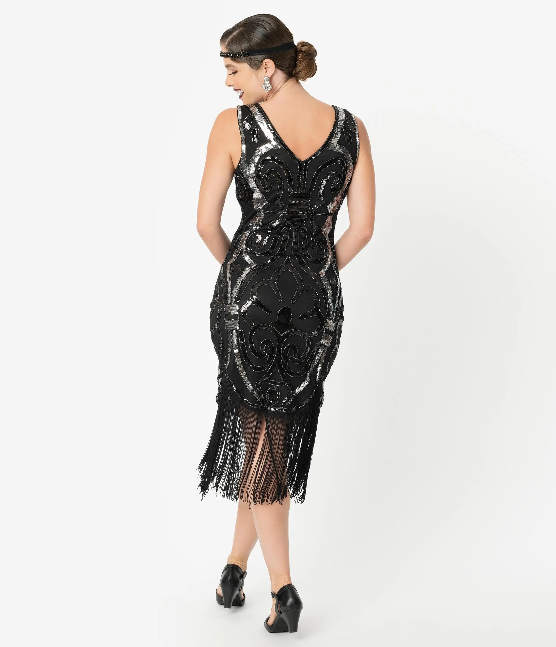 Unique Vintage 1920s Black & Silver Beaded Josseline Fringe Cocktail Dress