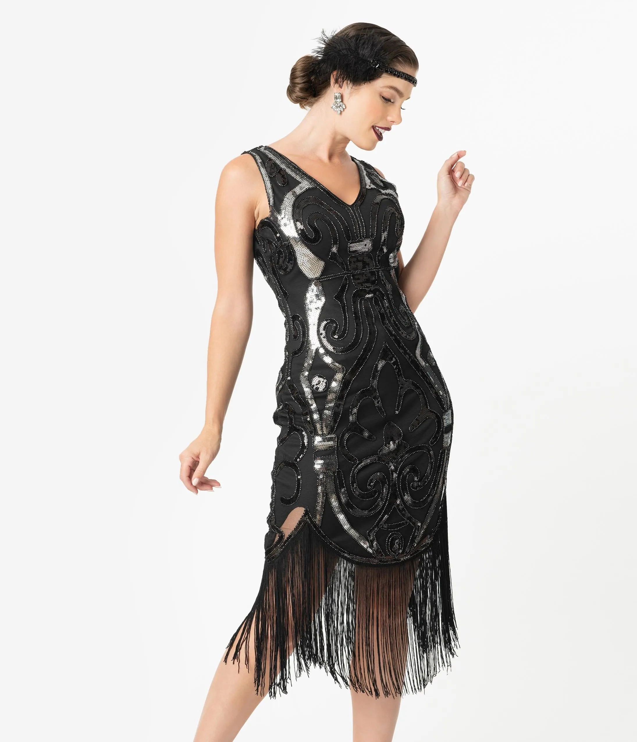 Unique Vintage 1920s Black & Silver Beaded Josseline Fringe Cocktail Dress