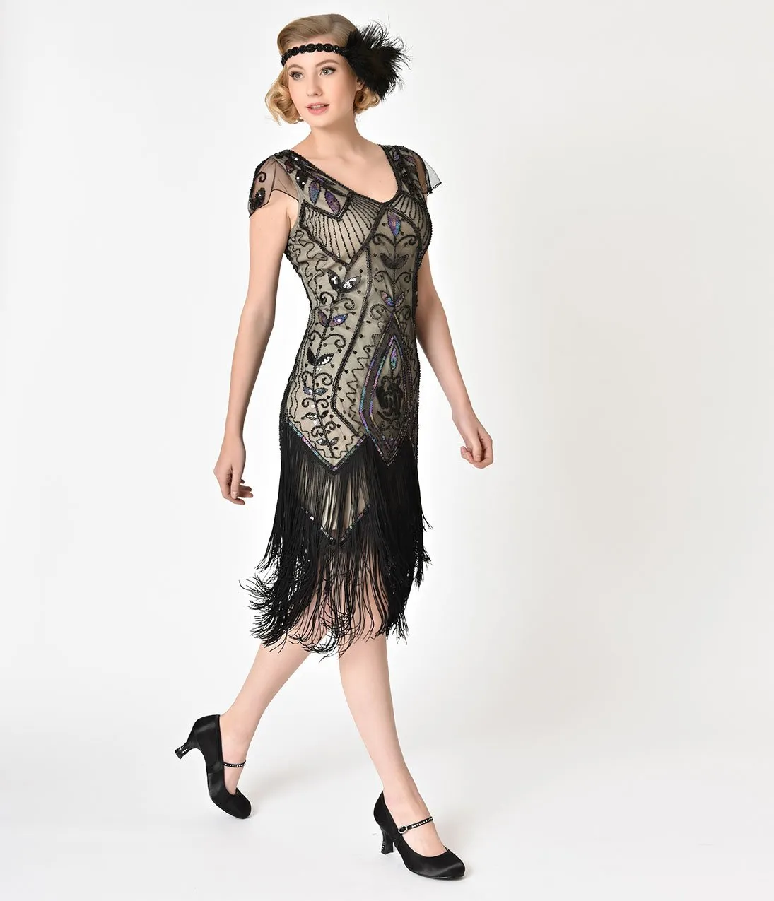 Unique Vintage 1920s Black Rose & Champagne Noele Fringe Flapper Dress