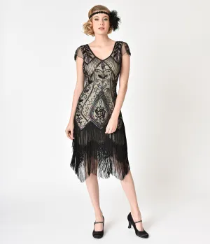 Unique Vintage 1920s Black Rose & Champagne Noele Fringe Flapper Dress