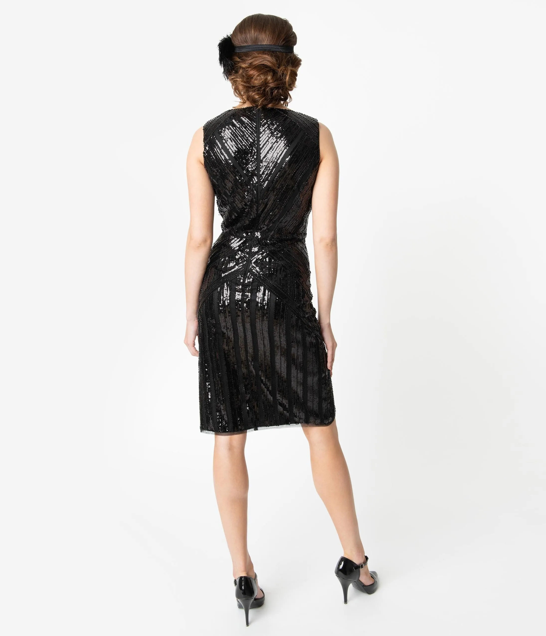 Unique Vintage 1920s Black Sequin Sleeveless Joanna Cocktail Dress