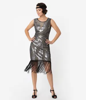 Unique Vintage Beige & Silver Sequin Black Fringe Annecy Flapper Dress