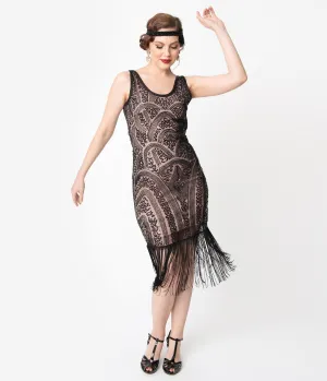 Unique Vintage Black Beaded & Blush Sleeveless Emilienne Flapper Dress