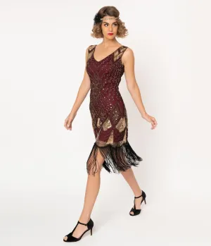 Unique Vintage Burgundy & Gold Sequin Lina Fringe Flapper Dress