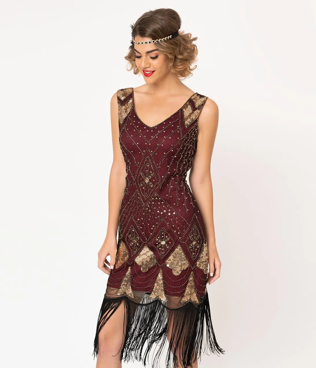 Unique Vintage Burgundy & Gold Sequin Lina Fringe Flapper Dress