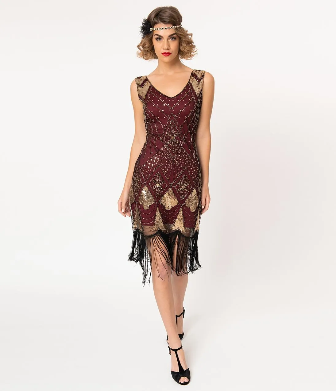 Unique Vintage Burgundy & Gold Sequin Lina Fringe Flapper Dress