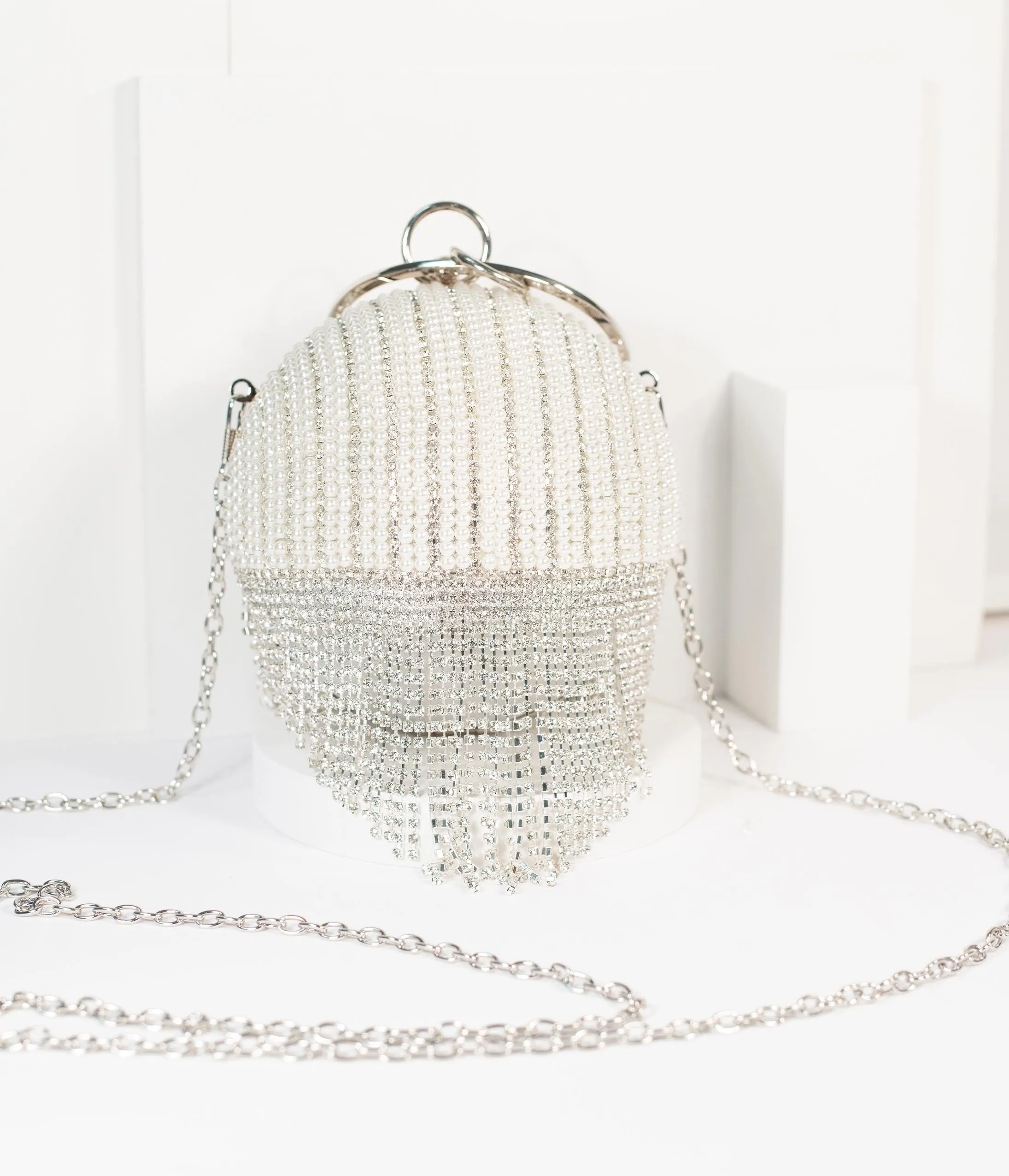 Unique Vintage Pearl & Rhinestone Round Handbag