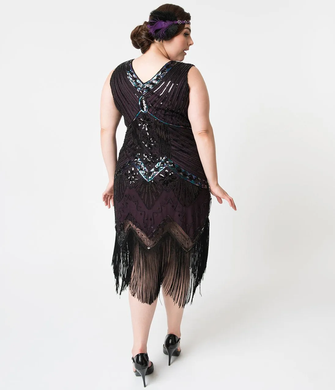 Unique Vintage Plus Size 1920s Deco Purple & Black Sequin Veronique Fringe Flapper Dress