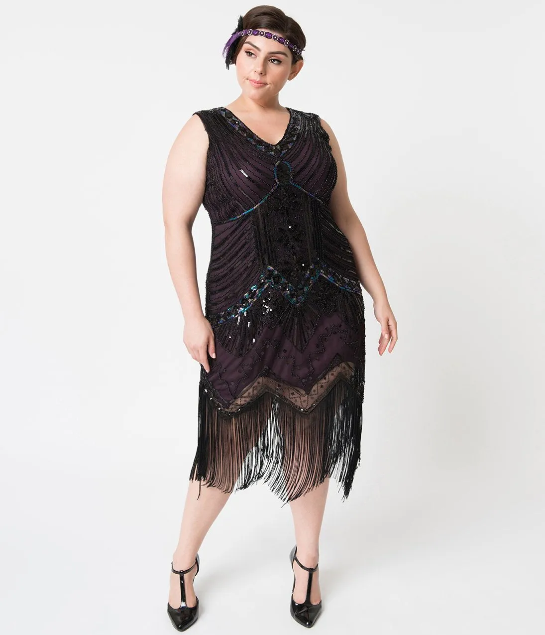 Unique Vintage Plus Size 1920s Deco Purple & Black Sequin Veronique Fringe Flapper Dress