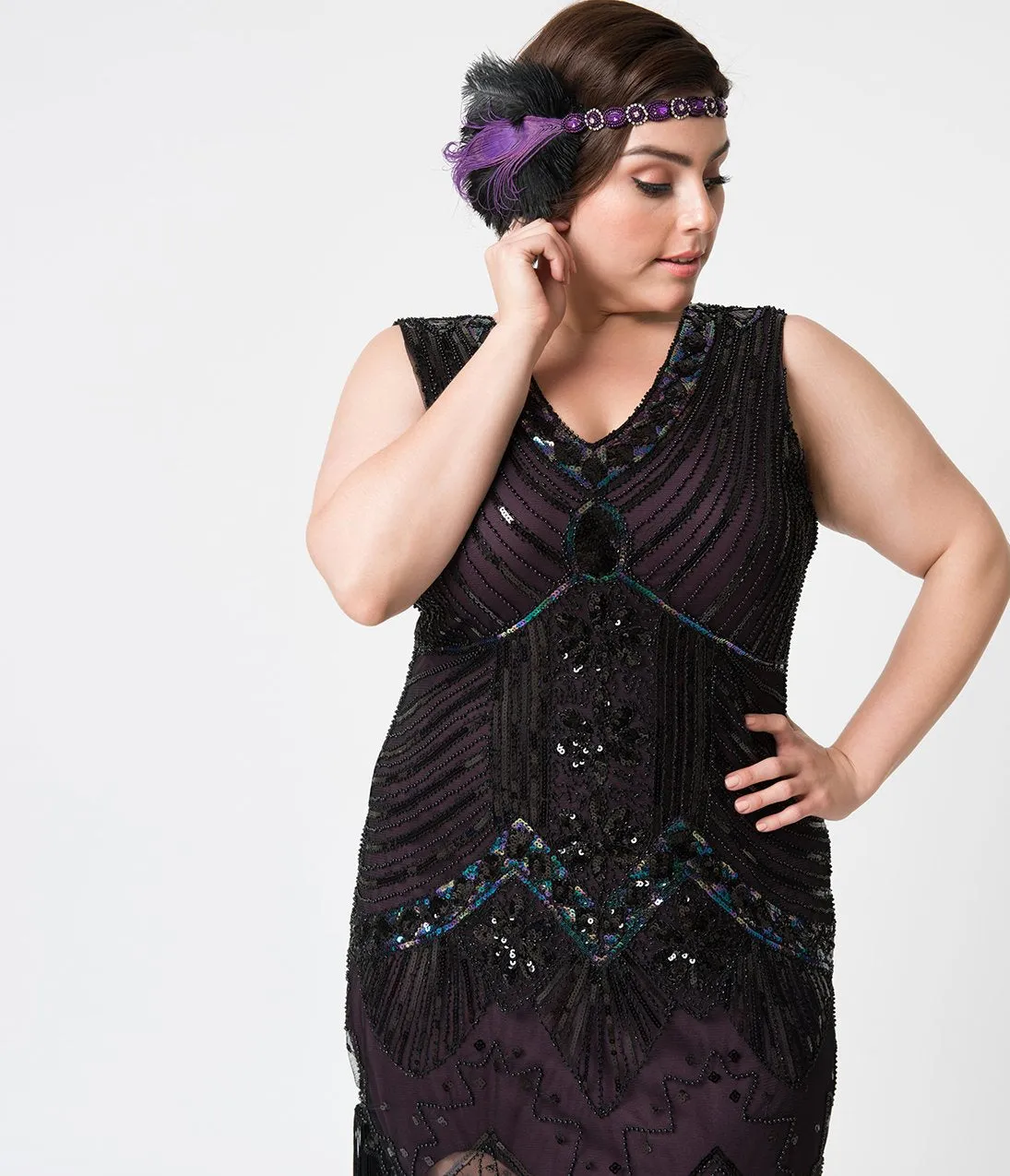 Unique Vintage Plus Size 1920s Deco Purple & Black Sequin Veronique Fringe Flapper Dress