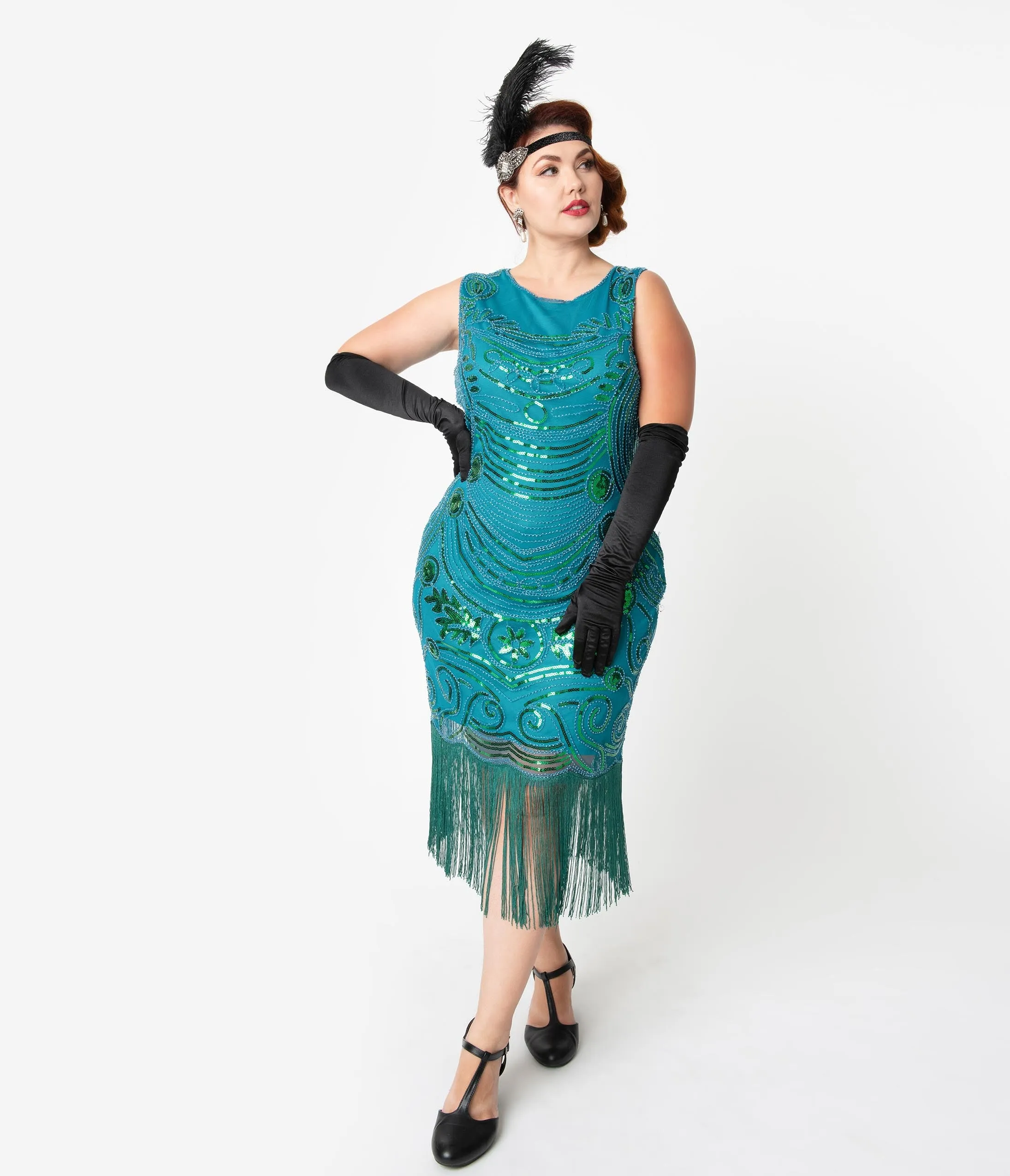 Unique Vintage Plus Size 1920s Teal Beaded Yvette Fringe Cocktail Dress