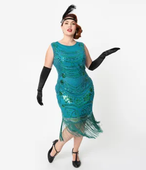 Unique Vintage Plus Size 1920s Teal Beaded Yvette Fringe Cocktail Dress