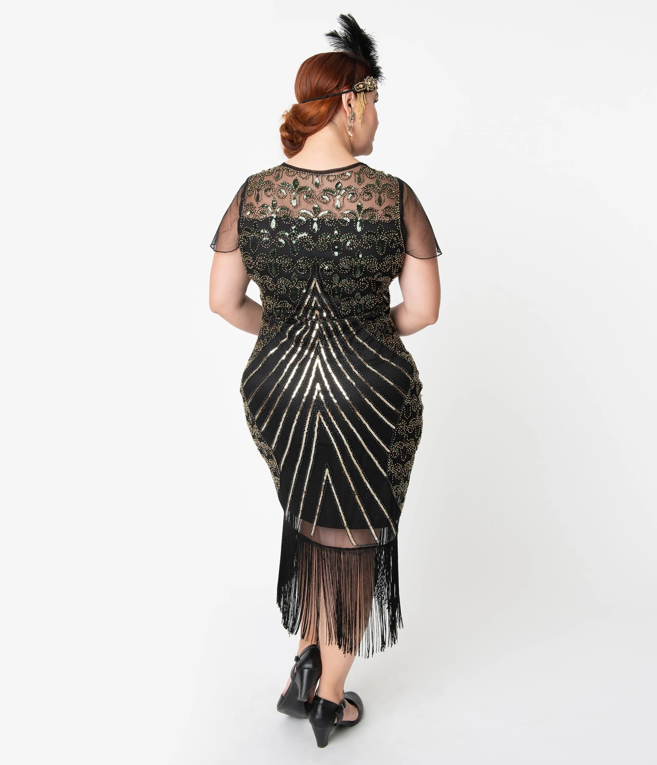 Unique Vintage Plus Size Black & Gold Beaded Cap Sleeve Rolande Fringe Flapper Dress