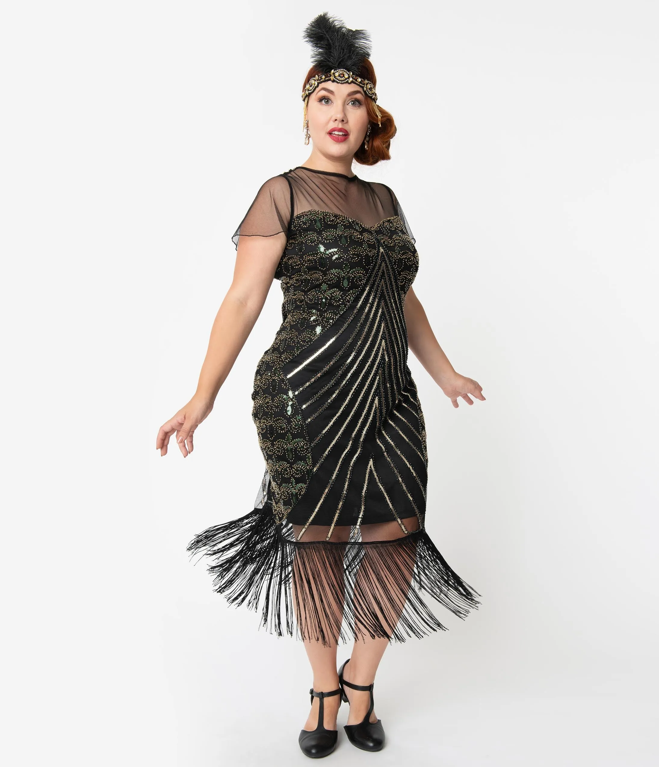 Unique Vintage Plus Size Black & Gold Beaded Cap Sleeve Rolande Fringe Flapper Dress