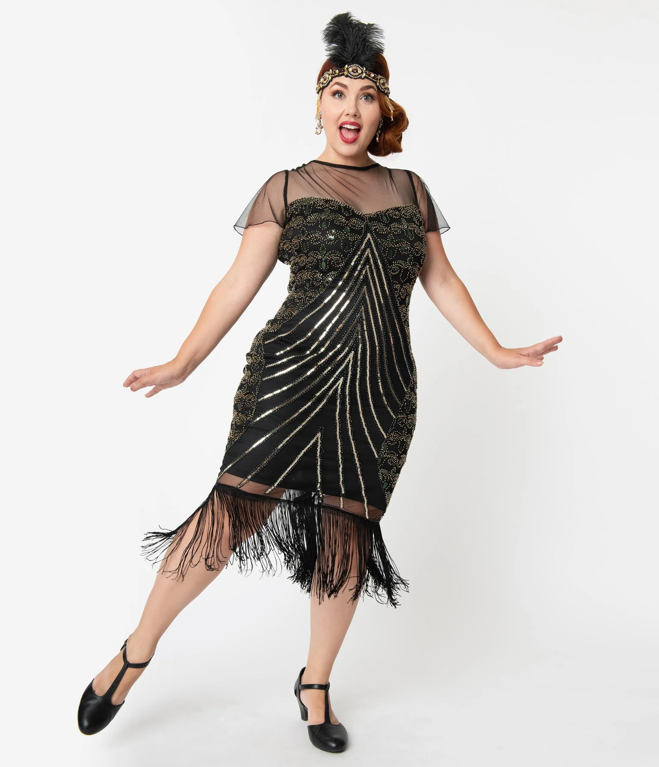 Unique Vintage Plus Size Black & Gold Beaded Cap Sleeve Rolande Fringe Flapper Dress