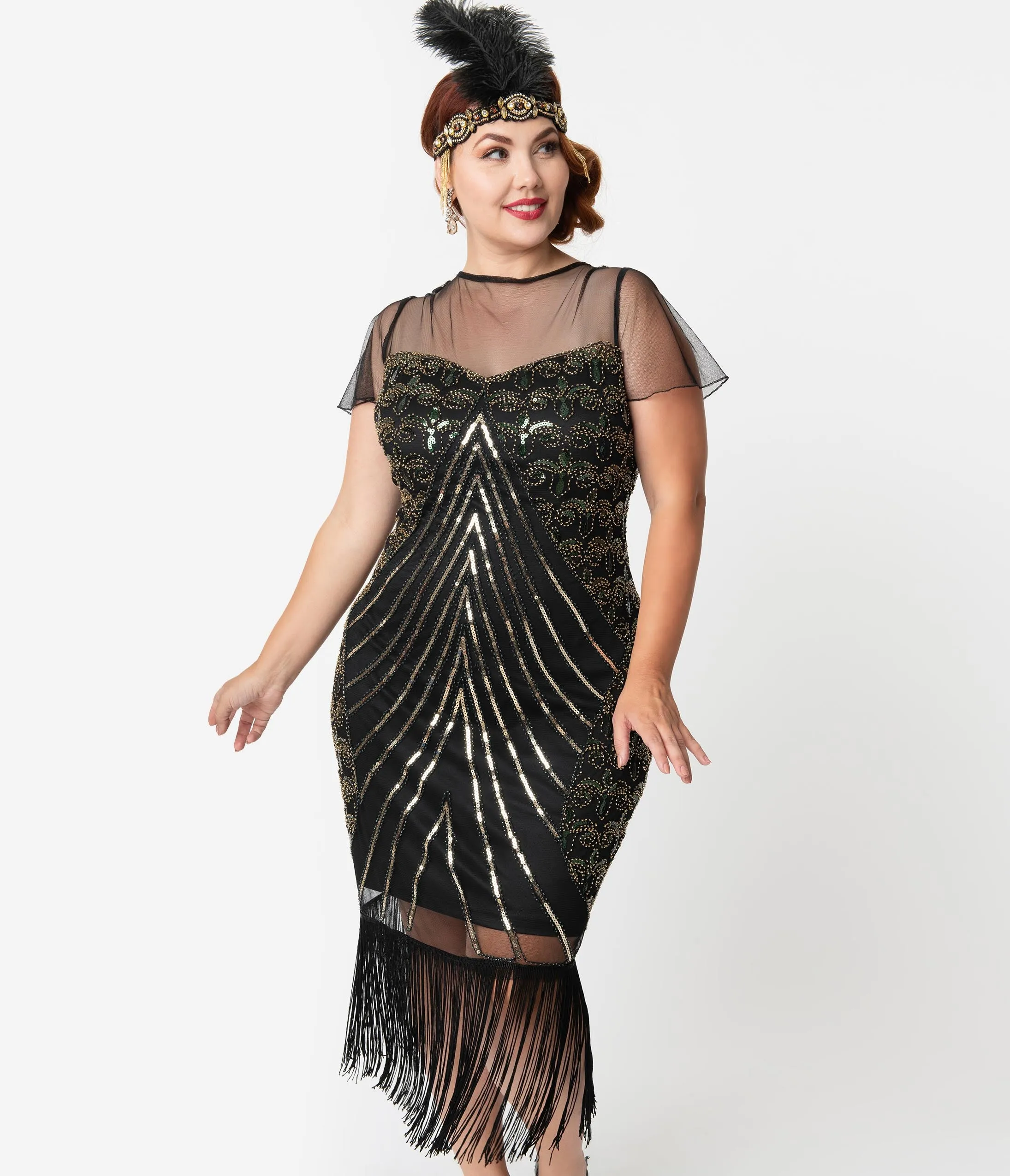 Unique Vintage Plus Size Black & Gold Beaded Cap Sleeve Rolande Fringe Flapper Dress