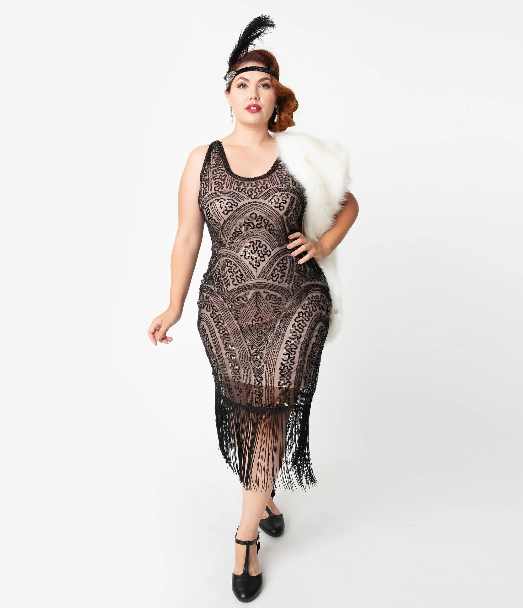 Unique Vintage Plus Size Black Beaded & Blush Sleeveless Emilienne Flapper Dress