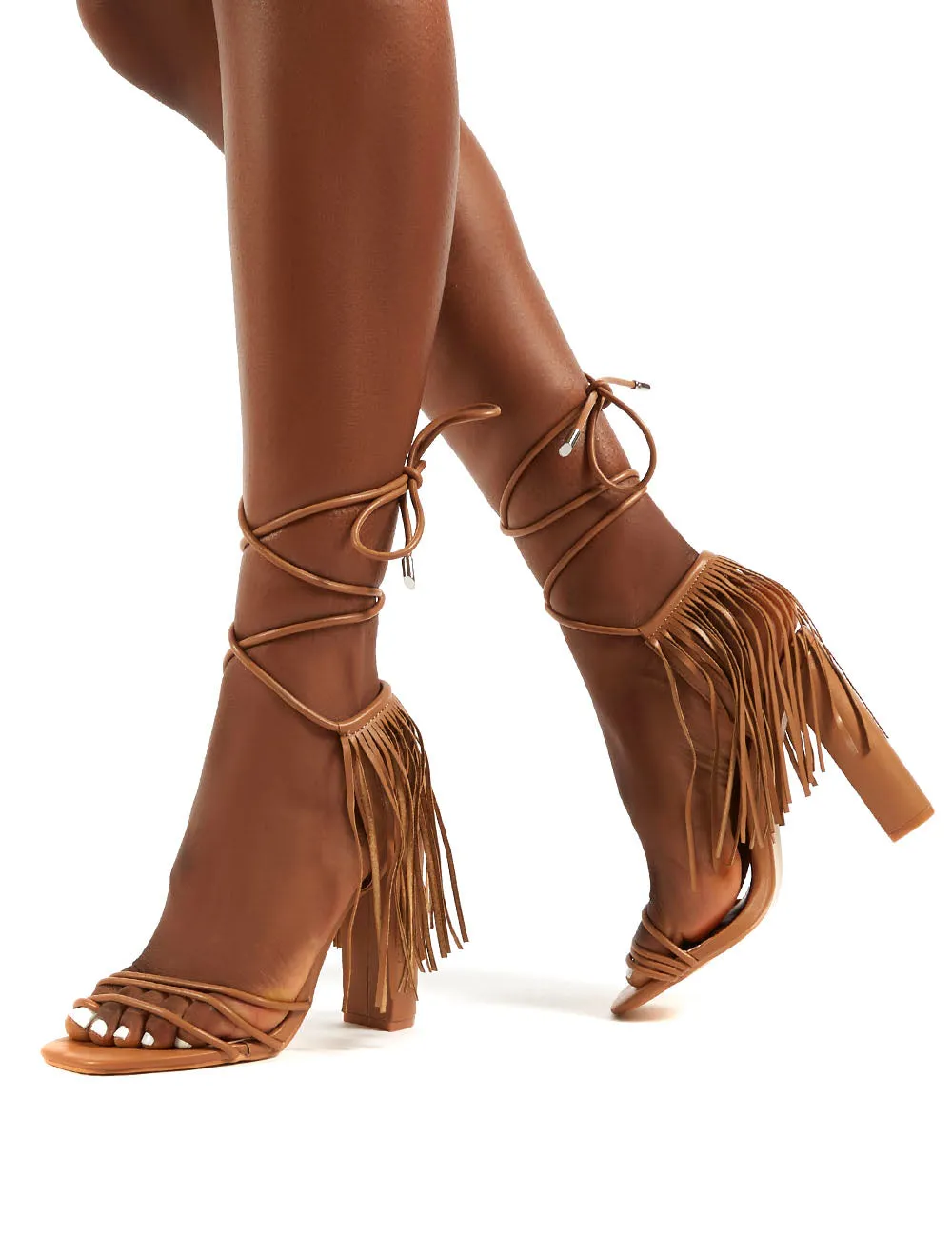 Venga Light Tan Tassel Tie Up Heels