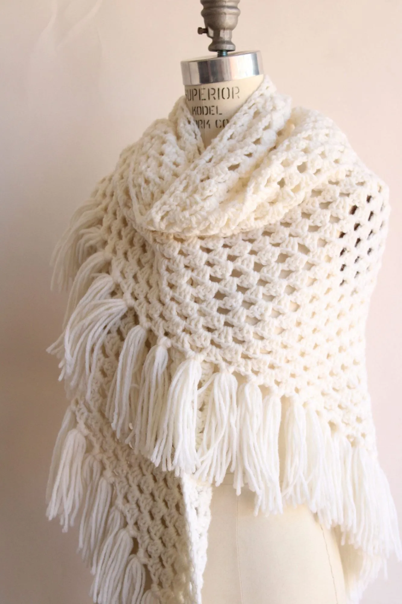 Vintage 1960s 1970s Shawl, White Knit with Fringe