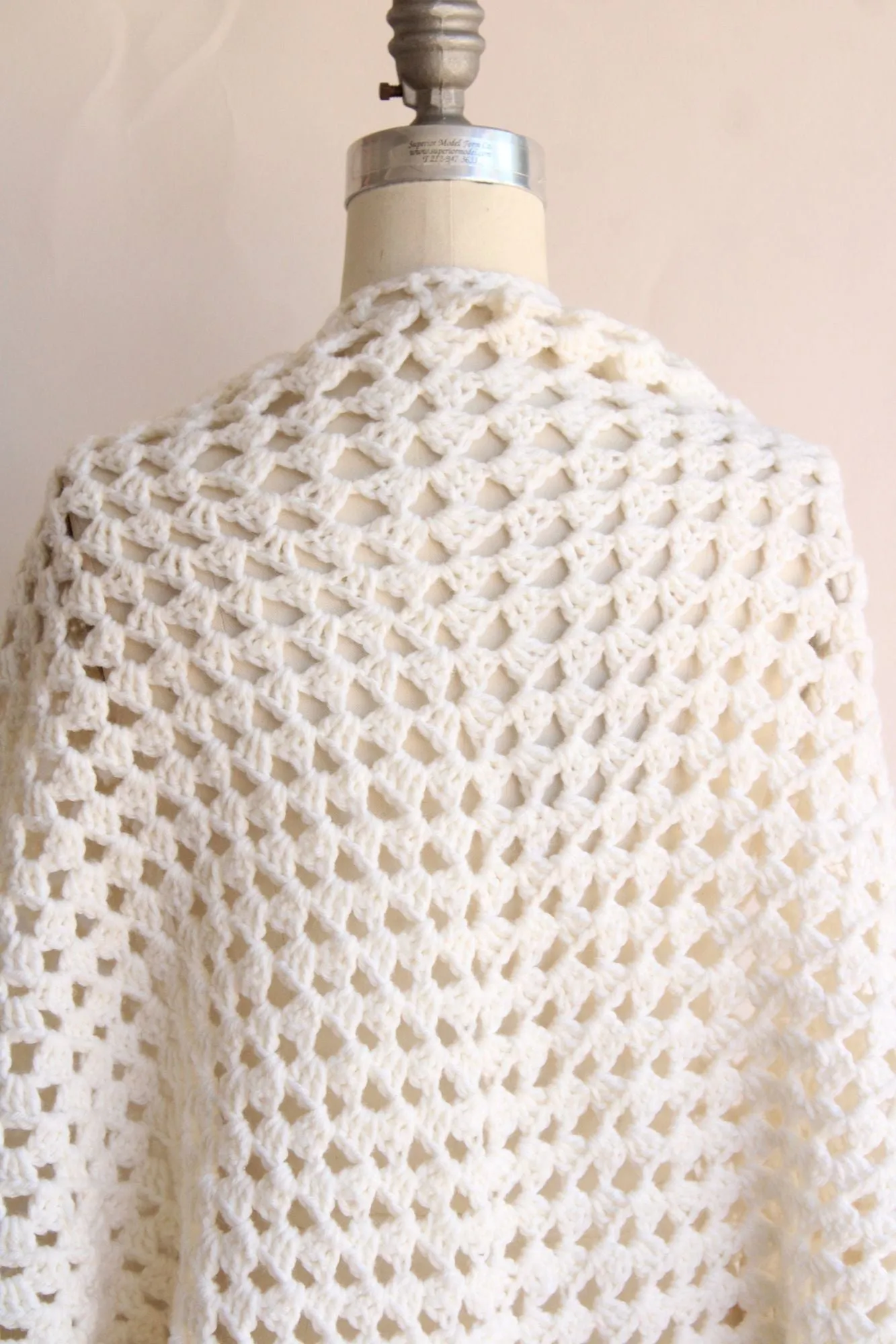 Vintage 1960s 1970s Shawl, White Knit with Fringe