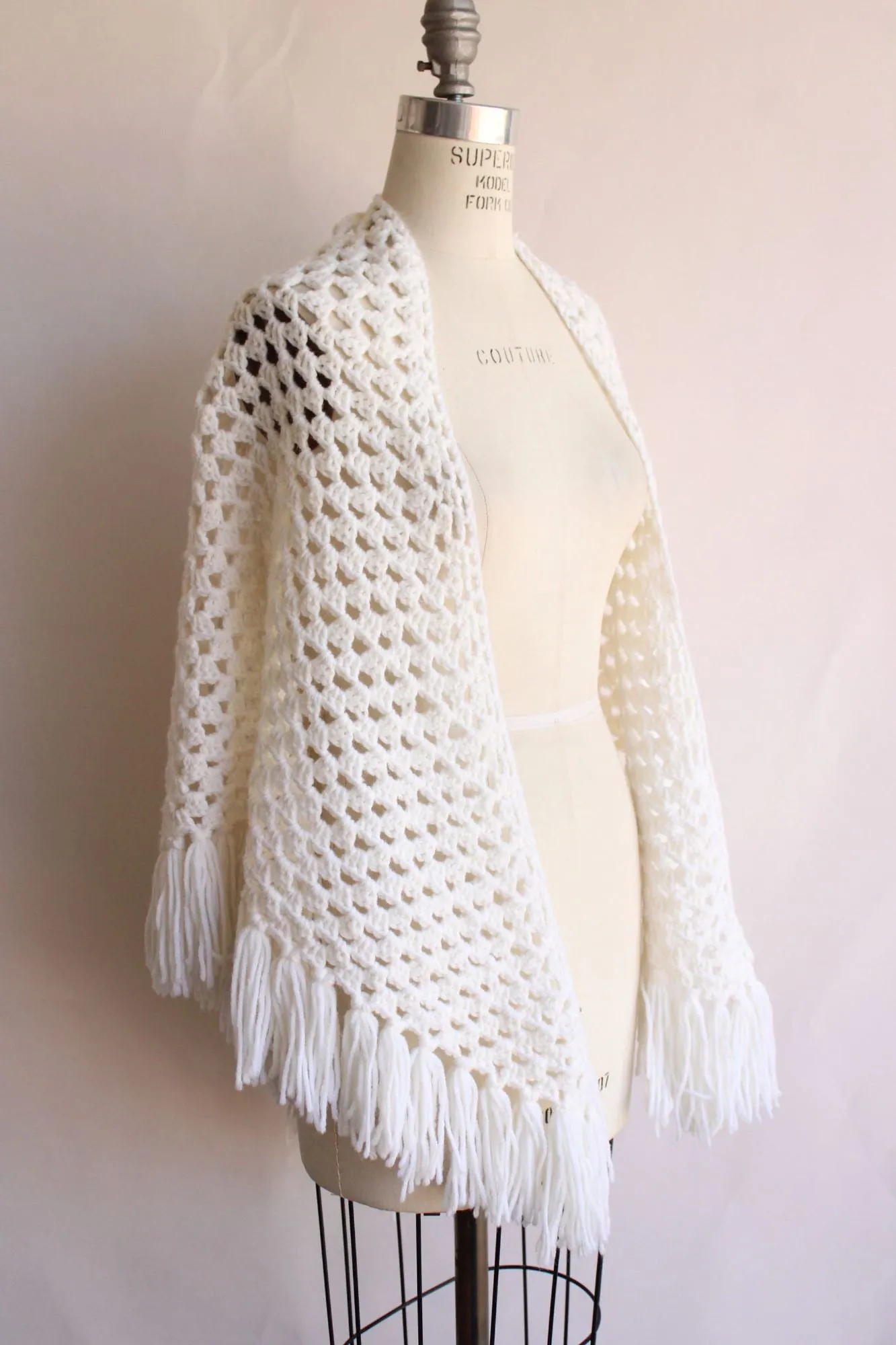 Vintage 1960s 1970s Shawl, White Knit with Fringe