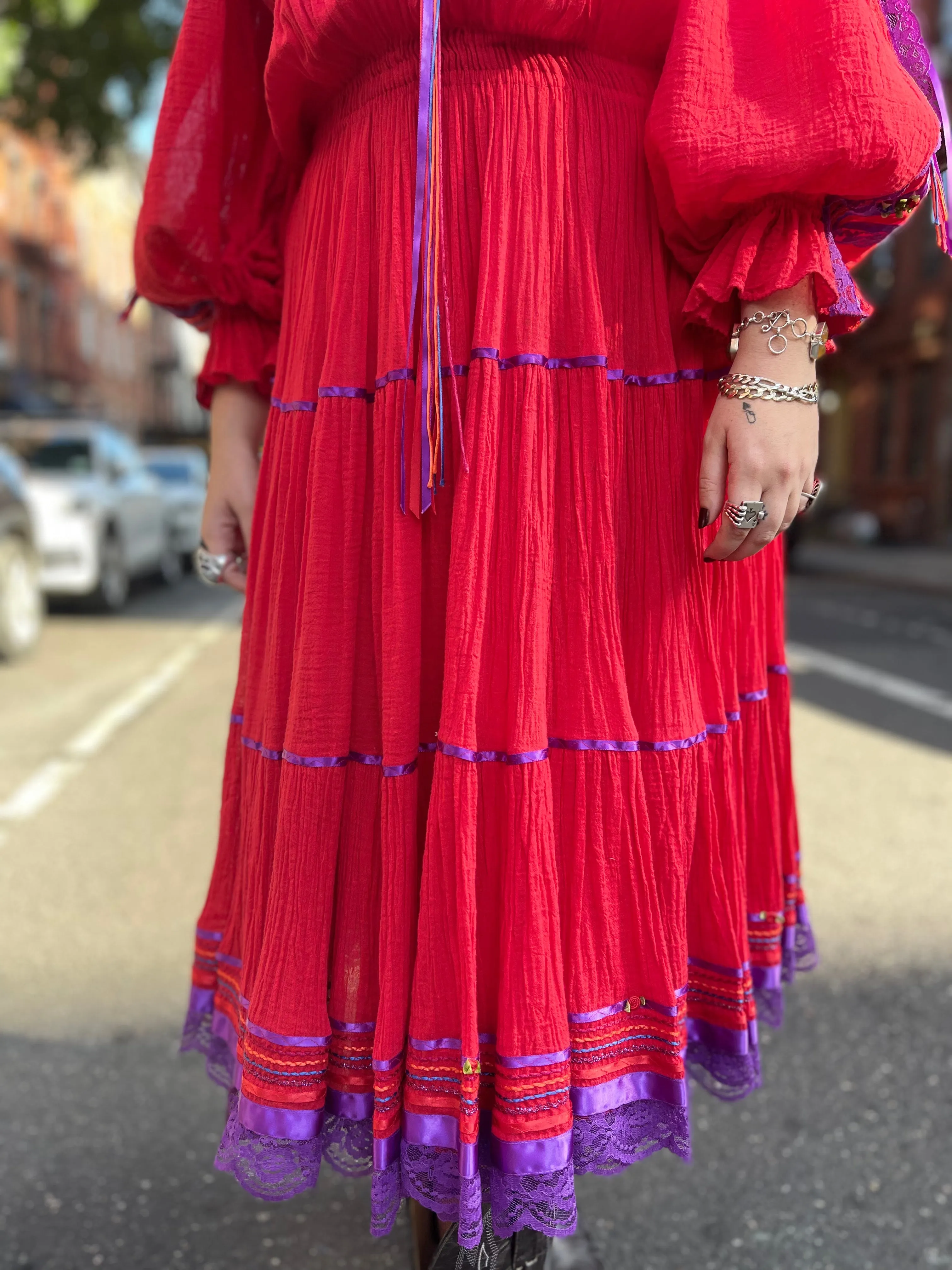 Vintage 80s Red Gauzey Maxi Dress