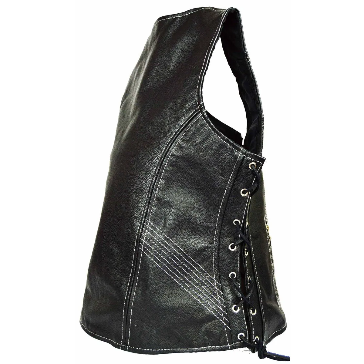 VL1029 Vance Women's Black Lace Side Zipper Pocket Premium Cowhide Leather Biker Motorcycle Vest