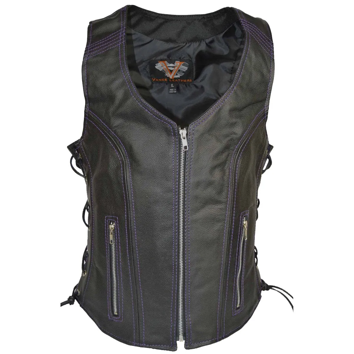 VL1029 Vance Women's Black Lace Side Zipper Pocket Premium Cowhide Leather Biker Motorcycle Vest