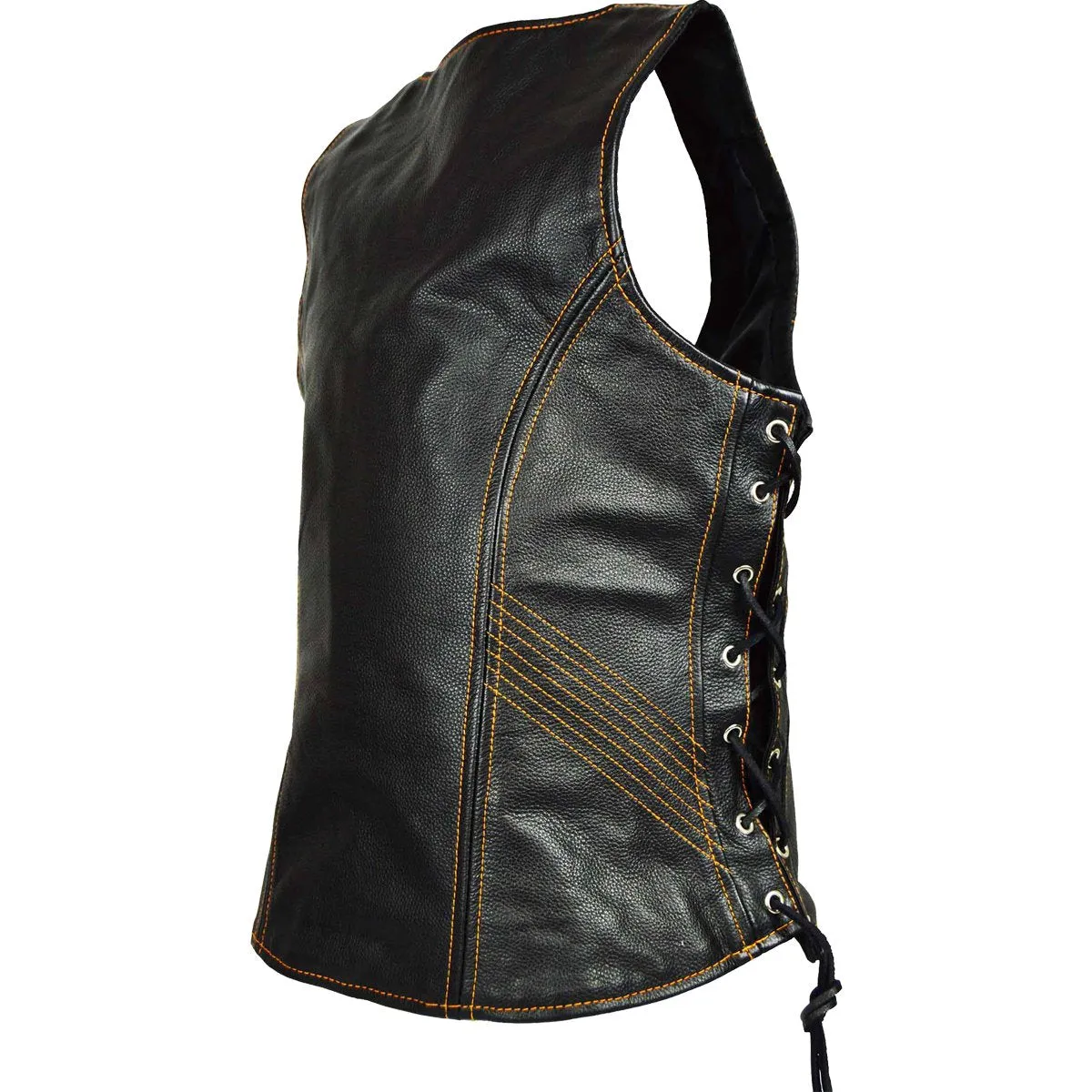 VL1029 Vance Women's Black Lace Side Zipper Pocket Premium Cowhide Leather Biker Motorcycle Vest