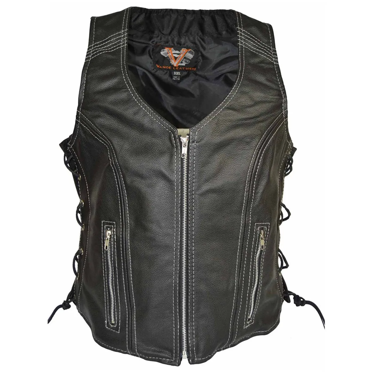 VL1029 Vance Women's Black Lace Side Zipper Pocket Premium Cowhide Leather Biker Motorcycle Vest