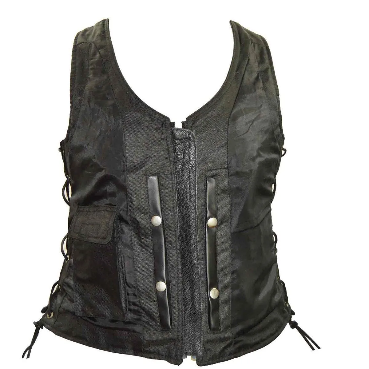 VL1029 Vance Women's Black Lace Side Zipper Pocket Premium Cowhide Leather Biker Motorcycle Vest