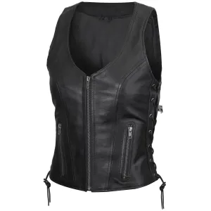 VL1029 Vance Women's Black Lace Side Zipper Pocket Premium Cowhide Leather Biker Motorcycle Vest