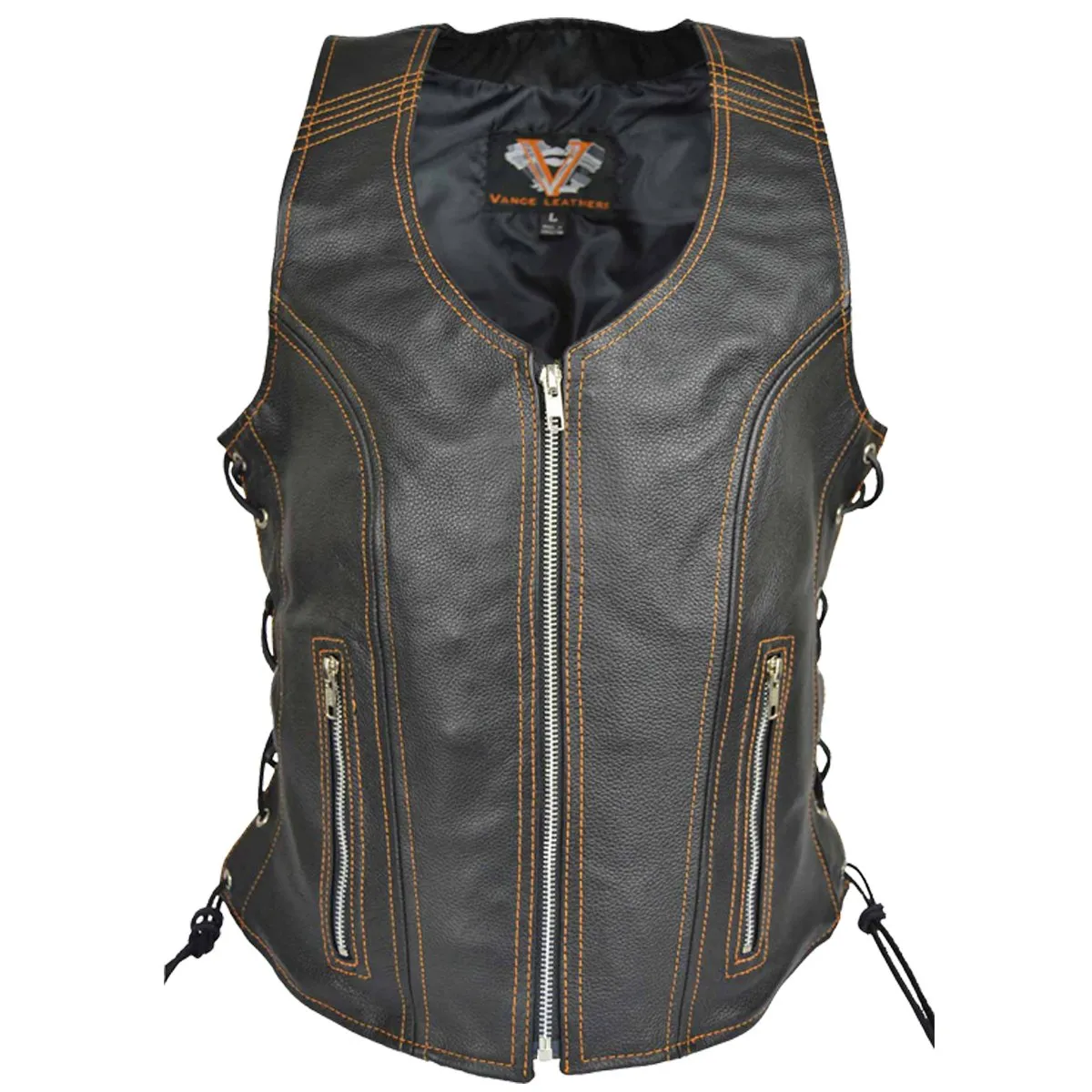 VL1029 Vance Women's Black Lace Side Zipper Pocket Premium Cowhide Leather Biker Motorcycle Vest