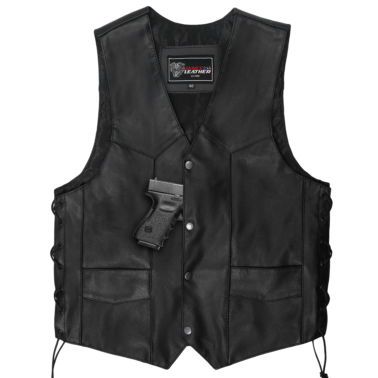 VL922 Vance Leather Men's Premium Leather Lace Side Vest with Gun Pocket