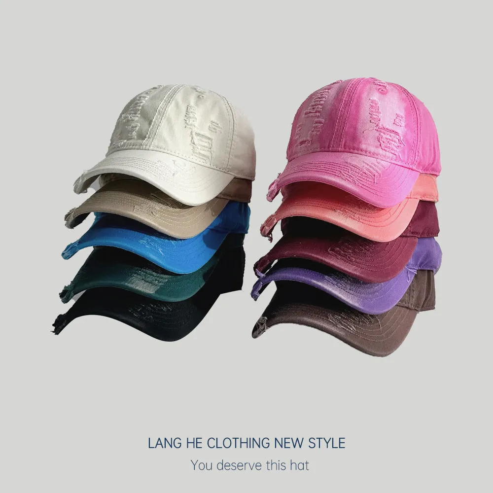 Washed and distressed baseball cap for women showing face small casual trendy male couple peaked cap summer sun hat