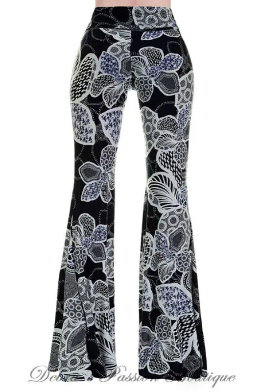 Wide Bell Bottom Big Flower Skinny Pants -  Navy Black Mix