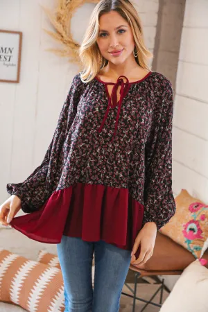 Wine Ditsy Floral Front Tie Ruffle Hem Top